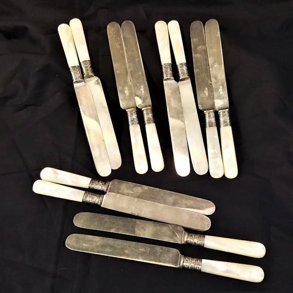 Antique Meriden Cutlery Mother-of-Pearl Sterling Silver Ferrules 12 Blunt Knives